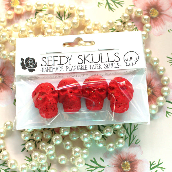 4 Pack Red Plantable Paper Skulls / Seed Bombs / Seedy Skulls Pack / Recycled Paper Pulp Craft / Spring Summer Small Gift / Wild Flowers