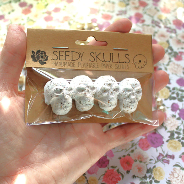 4 Pack White Plantable Paper Skulls / Seed Bombs / Seedy Skulls Pack / Recycled Paper Pulp Craft / Spring Summer Small Gift / Skull Flowers