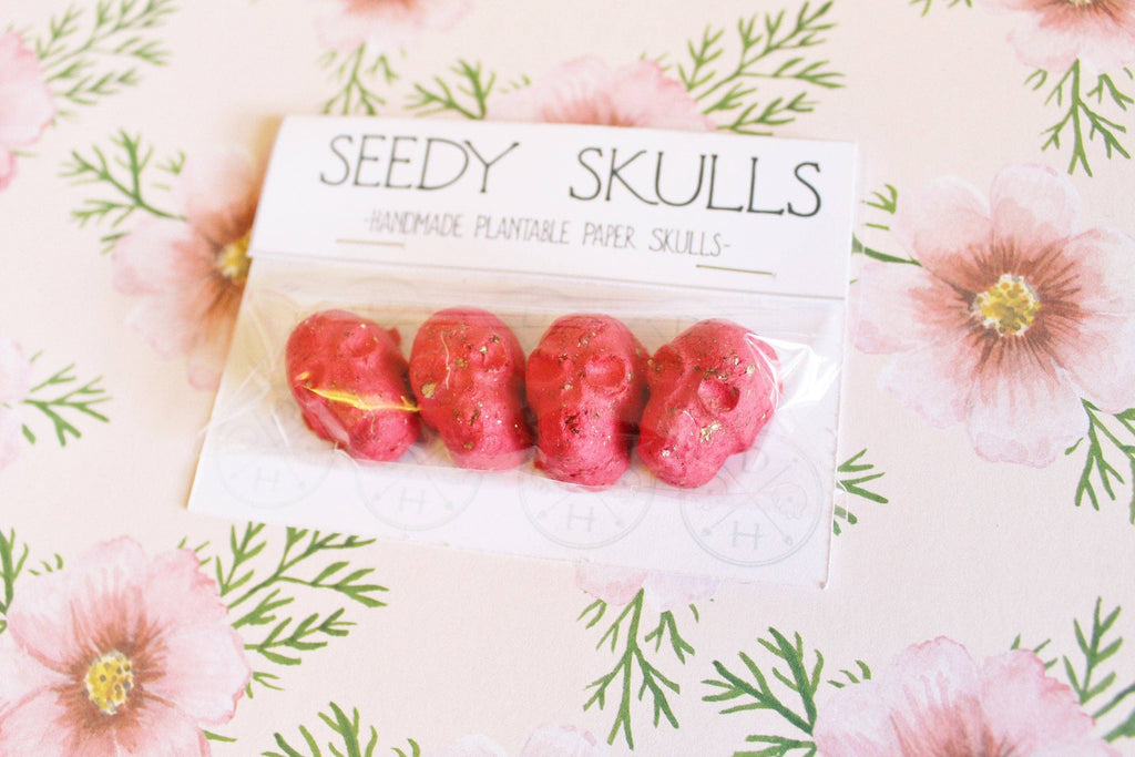 4 Pack Red Plantable Paper Skulls / Seed Bombs / Seedy Skulls Pack / Recycled Paper Pulp Craft / Spring Summer Small Gift / Wild Flowers