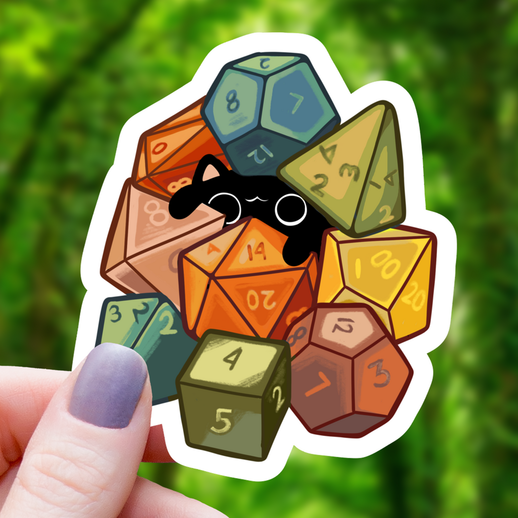 Cat Amongst Polyhedral Dice Sticker - 3"