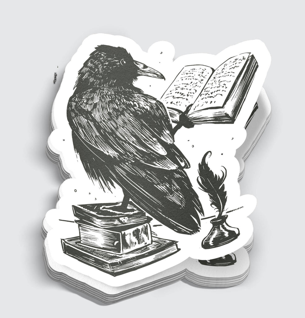 Black Ink Raven Reading a Book Sticker - 3"