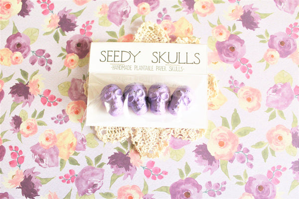 4 Pack Purple Plantable Paper Skulls / Seed Bombs / Seedy Skulls Pack / Garden Plants / Spring Summer Gift / Pastel Goth Wedding Flowers