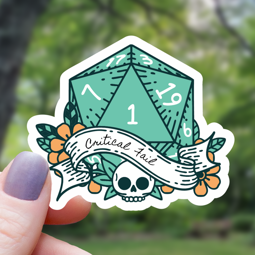 Critical Fail Skull D20 Dice Sticker - 3"