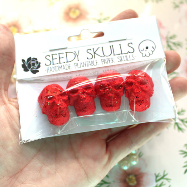 4 Pack Red Plantable Paper Skulls / Seed Bombs / Seedy Skulls Pack / Recycled Paper Pulp Craft / Spring Summer Small Gift / Wild Flowers