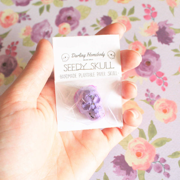 Single Purple Plantable Paper Skull / Seedy Skull Seed Bomb / Recycled Paper Pulp Craft / Spring Summer Small Gift / Wild Flowers