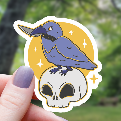 Goth Crow On Skull Kawaii Sticker - 3"