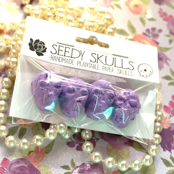 4 Pack Purple Plantable Paper Skulls / Seed Bombs / Seedy Skulls Pack / Garden Plants / Spring Summer Gift / Pastel Goth Wedding Flowers