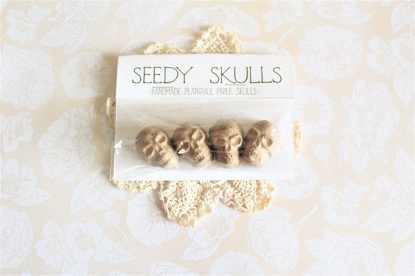 4 Pack Brown Plantable Paper Skulls / Skull Seed Bombs / Seedy Skulls / Recycled Paper Pulp Craft / Spring Summer Small Gift / Wild Flowers