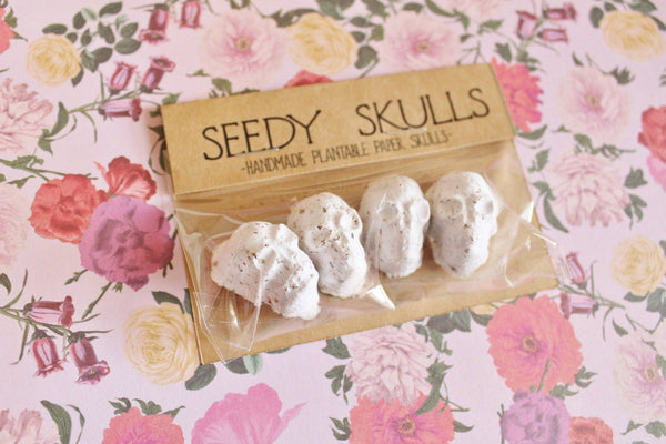 4 Pack White Plantable Paper Skulls / Seed Bombs / Seedy Skulls Pack / Recycled Paper Pulp Craft / Spring Summer Small Gift / Skull Flowers