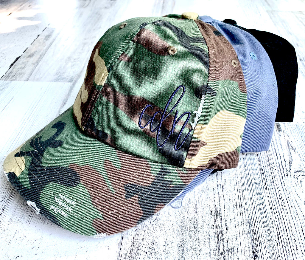 Distressed Ball Cap with Monogram