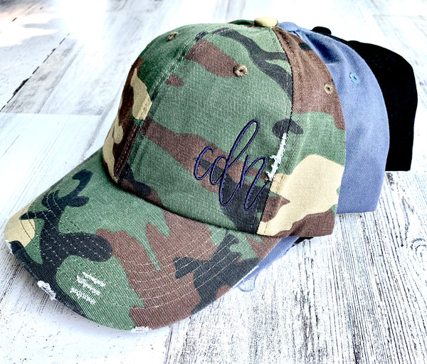 Distressed Ball Cap with Monogram