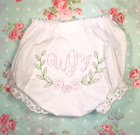 Monogrammed Baby Bloomers with Eyelet Lace Trim